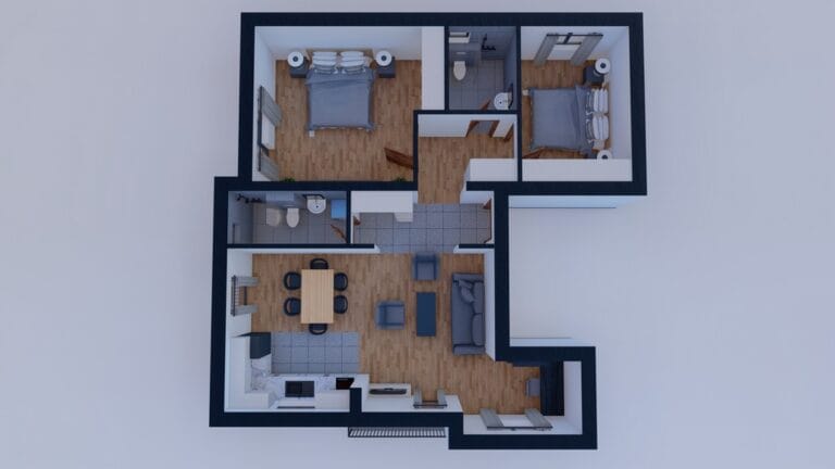 Render enterijera stana – dnevni boravak sa kuhinjom