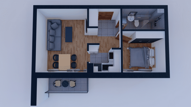 Render enterijera dnevne sobe ,kupatila i trpezarije stana broj 4